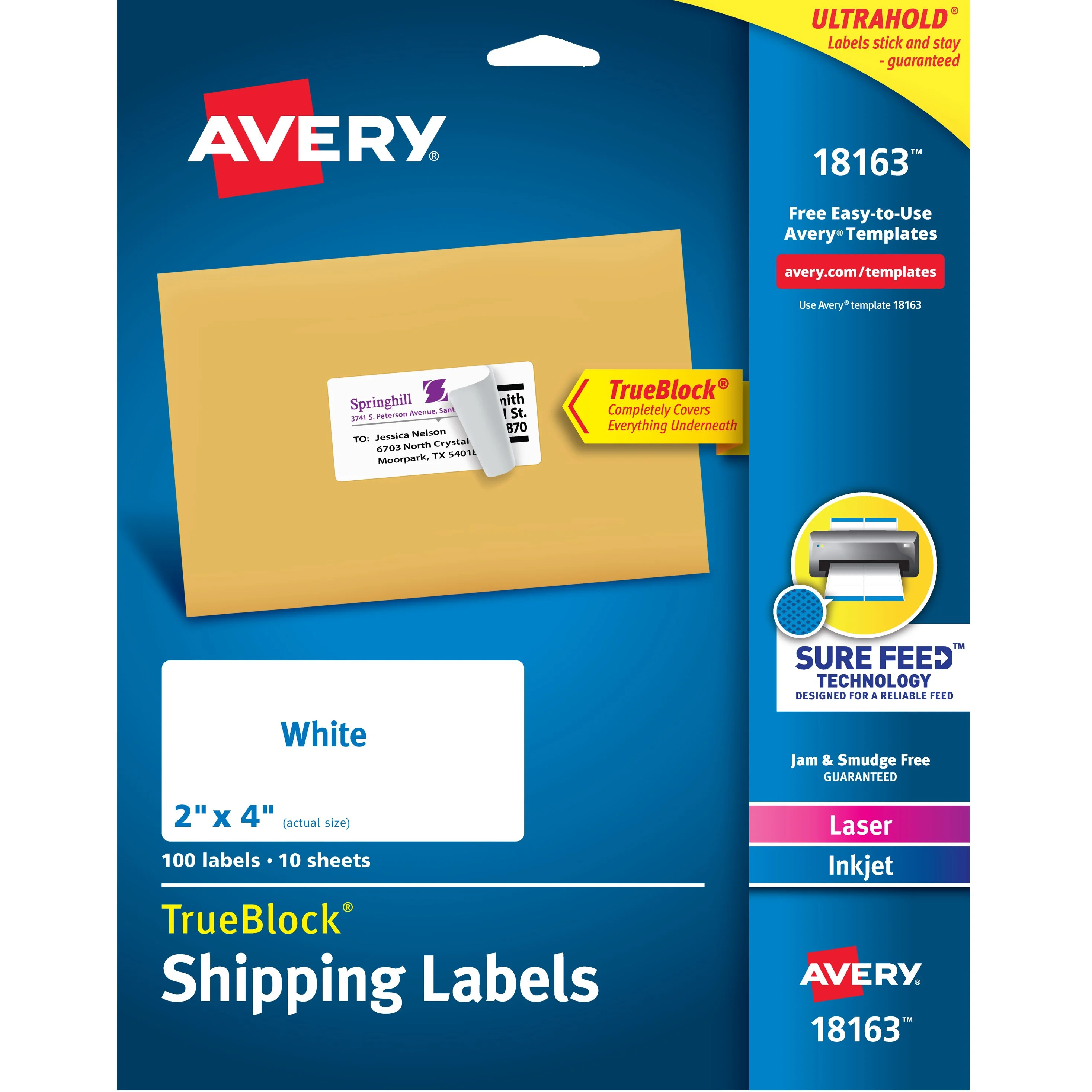 Avery Shipping Labels, 2" x 4", Paper, White, TrueBlock®, Laser/Inkjet, 100 Labels (18163) | Walmart (US)