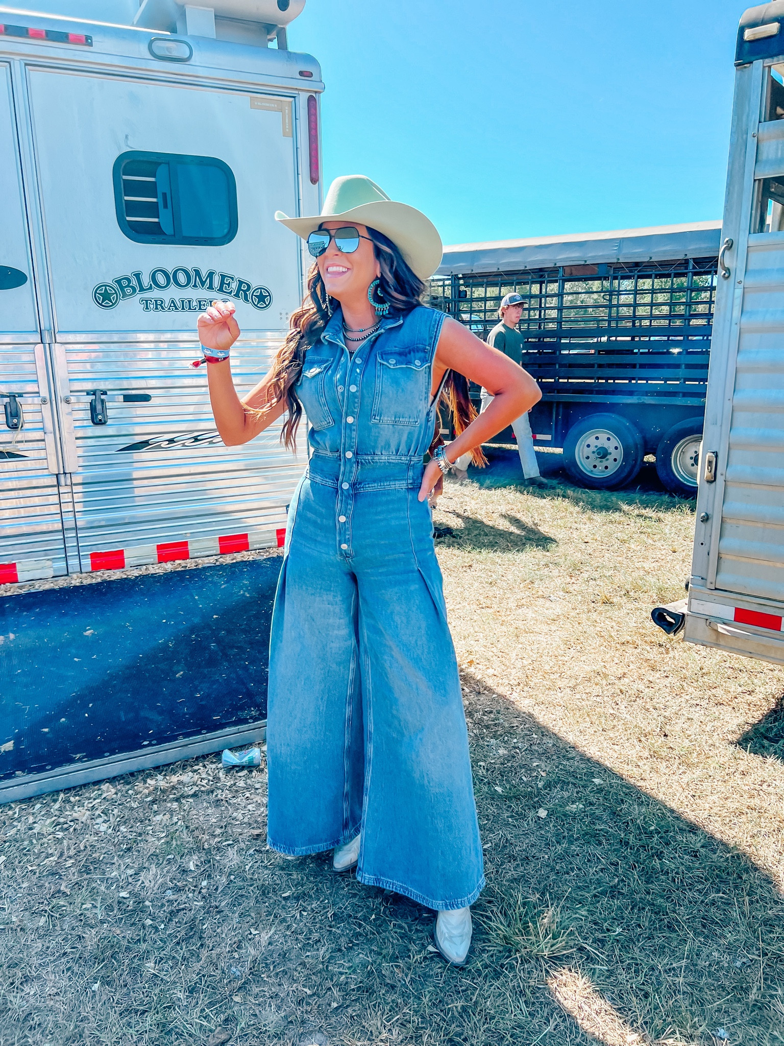 Denim jumpsuit - denim romper / Lucchese boots - sunglasses - hat - bag / rodeo - western fashion - NFR - country concert outfit 

#LTKsalealert #LTKstyletip #LTKSeasonal