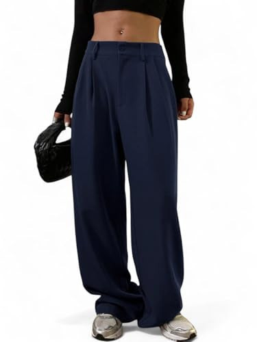 Oomph! Women's High-Waisted Pant | Wide Leg Trousers | Korean Style Stretchable Trouser|Trouser for Women Navy Blue | Amazon (US)