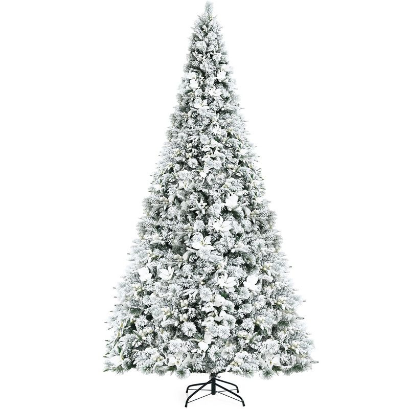 Costway 8ft Snow Flocked Hinged Christmas Tree w/ Berries & Poinsettia Flowers | Target
