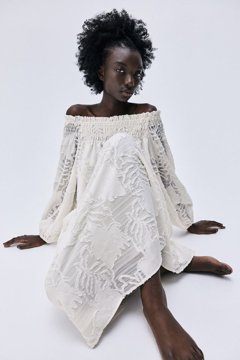Jacquard-weave Off-the-shoulder Dress - Cream - Ladies | H&M US | H&M (US + CA)