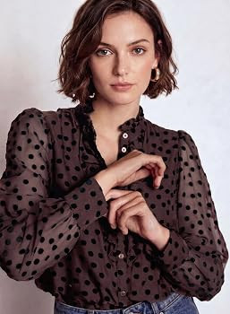 Astylish Women's Polka Dot Blouse Mesh Sleeve Button Up Shirt | Amazon (US)