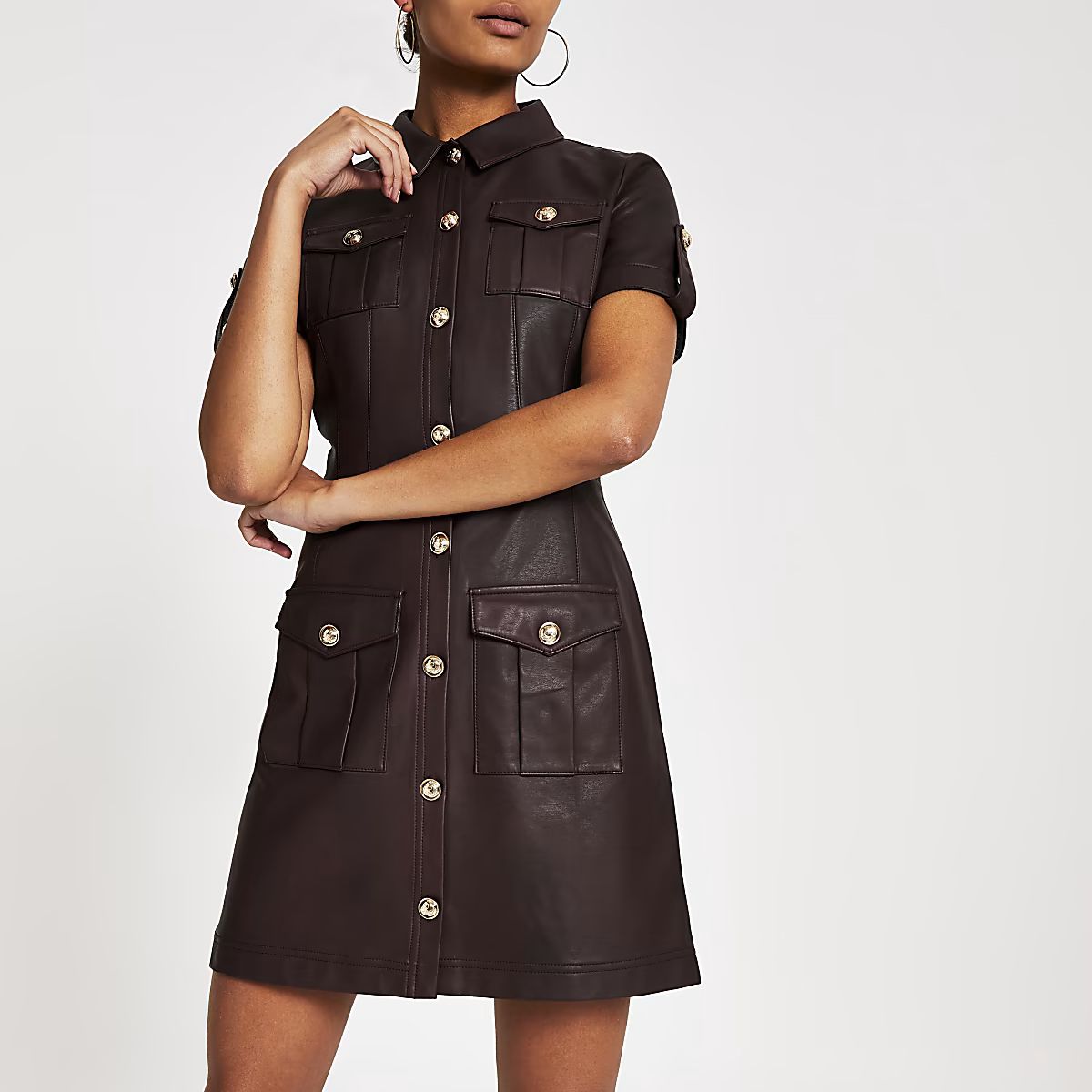 Dark red faux leather shirt dress | River Island (US)