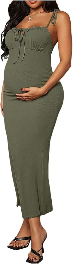 OYOANGLE Women's Maternity Drawstring Front Cami Dress Ribbed Knit Bodycon Midi Dresses | Amazon (US)