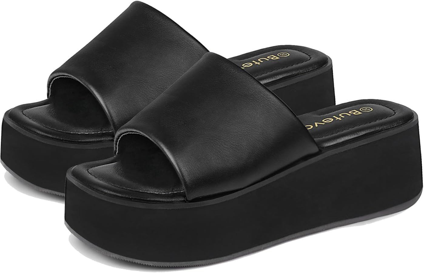 Chunky Platform Sandals for Women - Comfort Black Open Toe Slip on Platform Slides Y2K Wedge Sand... | Amazon (US)
