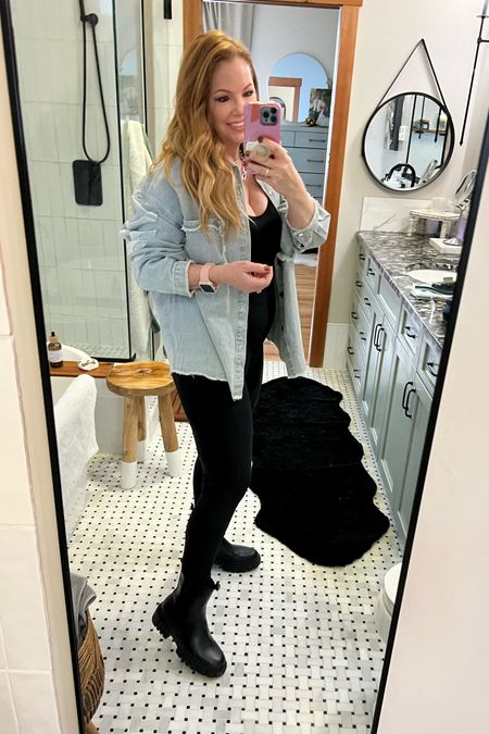 Outfit of the day! I’m loving this peace jean shacket from The Post! It has a peace sign on the back that says everything I want in life… peace ✌🏼 love ❤️ and happiness 😃. It has raised detailing on the sleeve.

I’m also wearing a black bodysuit that I can style so many ways!

My lug boots are also from The Post. Great quality and super comfortable! 

Casual outfit
Fall finds 
Fall outfit 
Boots

#LTKshoecrush #LTKstyletip #LTKHolidaySale