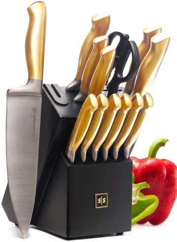 Gold Knife Set with Block - 14 Piece Black and Gold Knife Set with Sharpener includes Full Tang G... | Amazon (US)