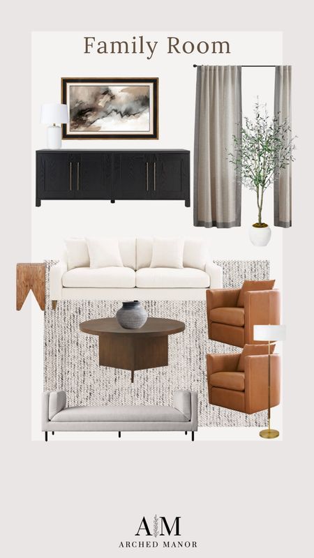 Family room design, leather swivel chairs, linen curtains, bench, round coffee table, wool rug 

#LTKsalealert #LTKhome #LTKstyletip