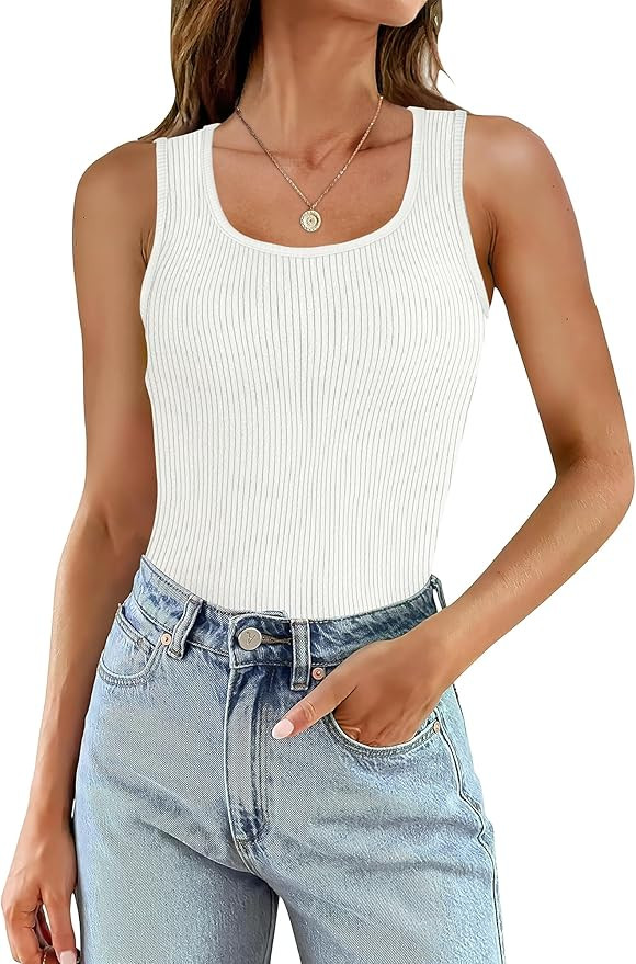 WIHOLL Womens Ribbed Tank Tops 2024 Summer Scoop Neck Slim Fitted Tops Casual Basic Knit Sleevele... | Amazon (US)