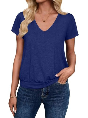 Sialois Tops Short Sleeve Shirts for Women V Neck T Shirt Fashion Dressy Casual Blouse Cute Tunic Banded Bottom Tee Summer Spring 2026 Workout Outfits Beach Vacation Essentials Clothes,Navyblue,XXL | Amazon (US)