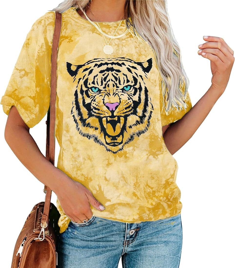 Tie Dye Shirt Womens Animal Tiger Graphic Tees Tops Summer Casual Loose Short Sleeve T-Shirt Blou... | Amazon (US)