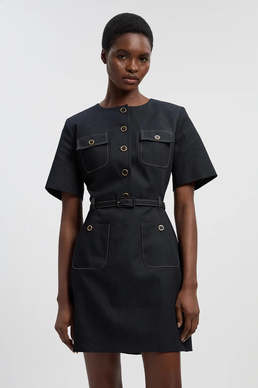 Indigo Petite Tailored Denim Belted Mini Dress | Karen Millen USA | Karen Millen US