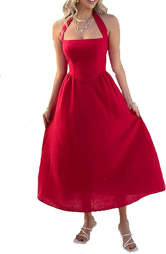 Women's Summer Backless Sleeveless Hanging Neck Long Dress, Casual Beach Party Dress | Amazon (US)