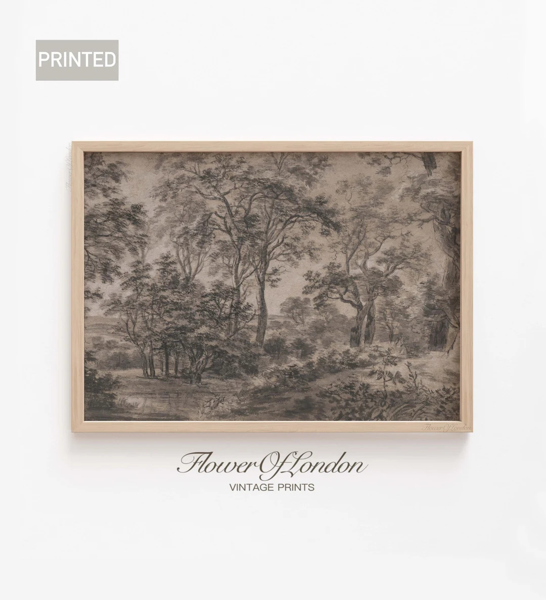 Dark Moody Landscape Sketch Print, Vintage Farmhouse Countryside Country Brown Forest Trees Woods... | Etsy (US)