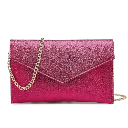 CuteClear Envelope Clutch Purse for Women PU Leather Handbag Evening Bag with Detachable Chain Strap for Wedding Party Prom (Rose Red) | Amazon (US)