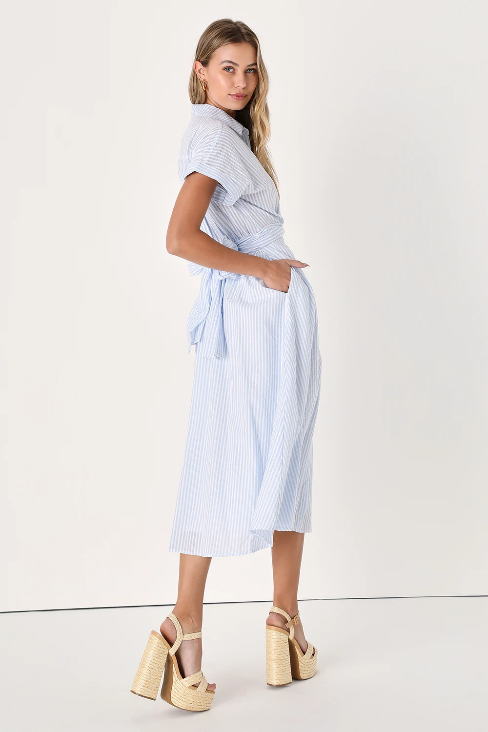 Adorable Impression White and Blue Midi Dress With Pockets | Lulus