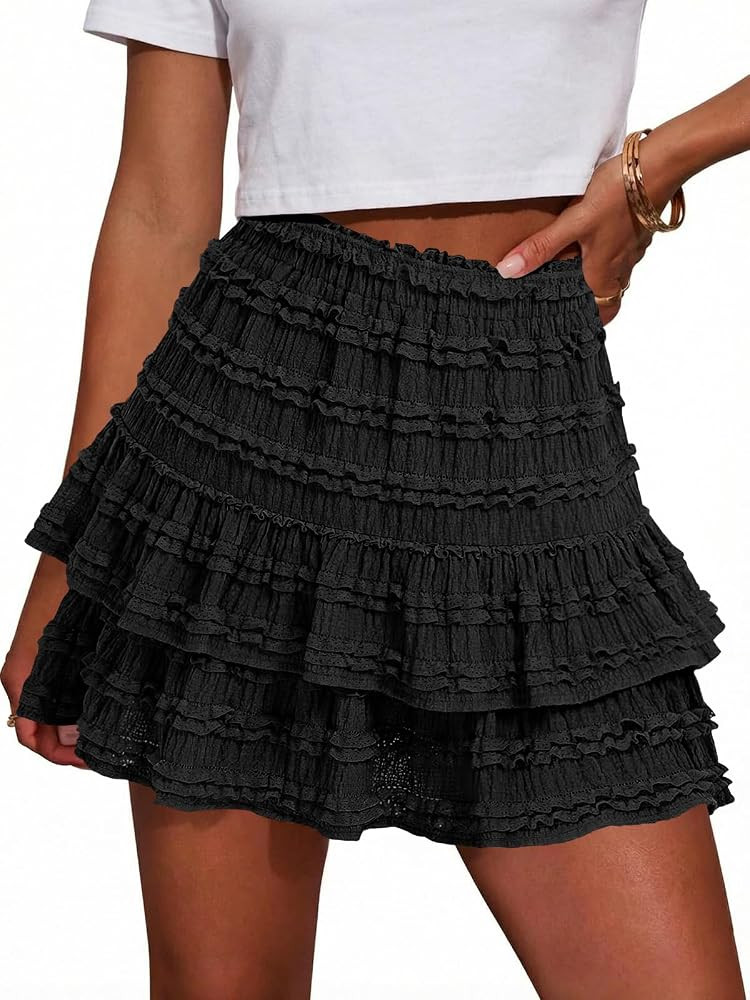 Fisoew Womens Ruffle Mini Skirt Casual High Waist Tiered Flowy Boho Skirts Summer Golf Tennis Sko... | Amazon (US)