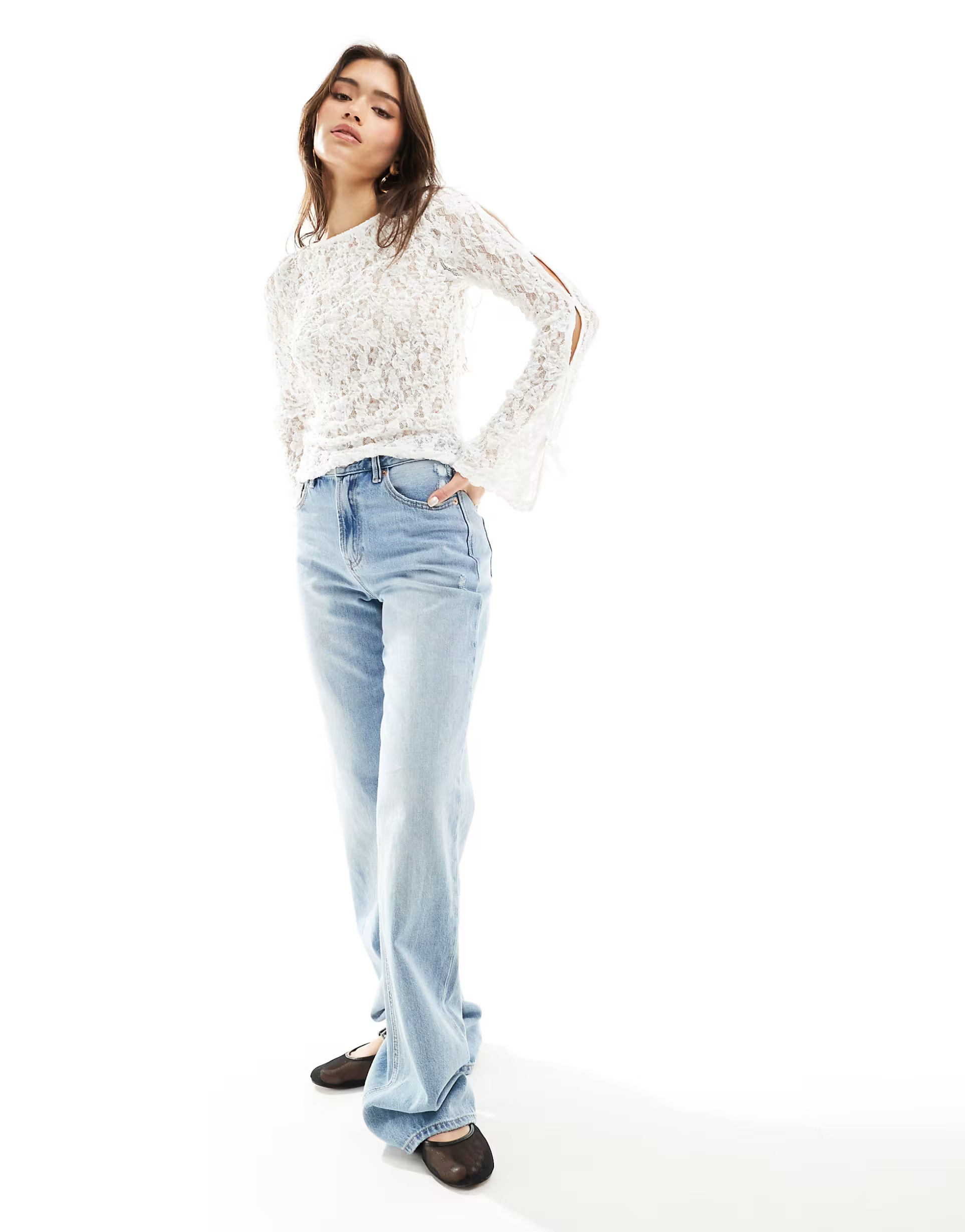 ASOS DESIGN slash neck lace top with bow detail in ivory | ASOS (Global)