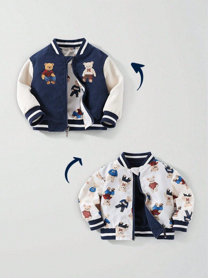 Baby Boy Contrast Stripes Ribbed Collar Cute Bear Print Reversible Zip-Up Jacket | SHEIN