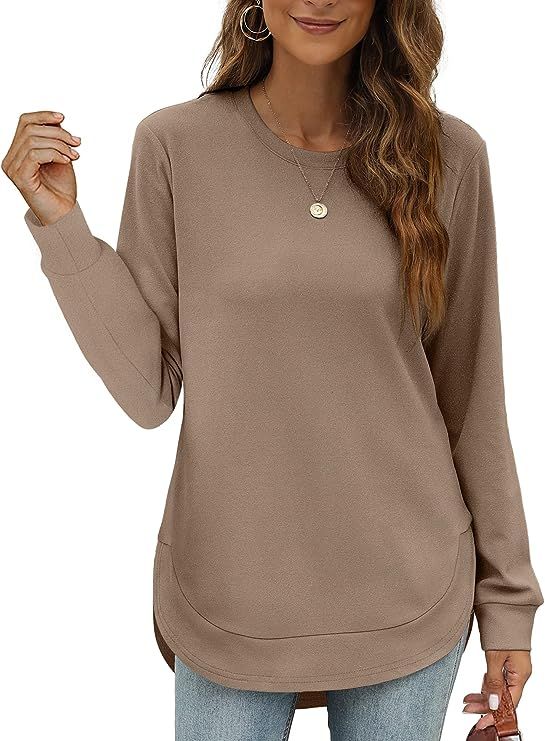 Womens Sweatshirt Crewneck Long Sleeve Shirts for Women High Low Tops Curved Hem | Amazon (US)