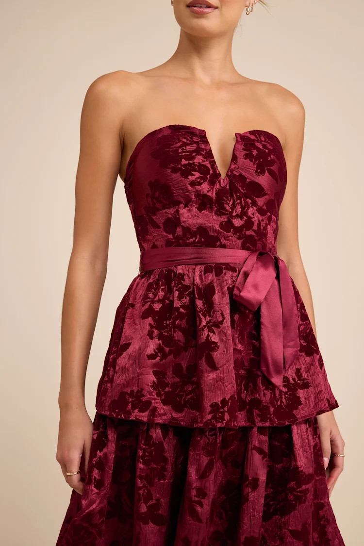 Dorina Burgundy Shadow Print Strapless Tiered Midi Dress | Lulus