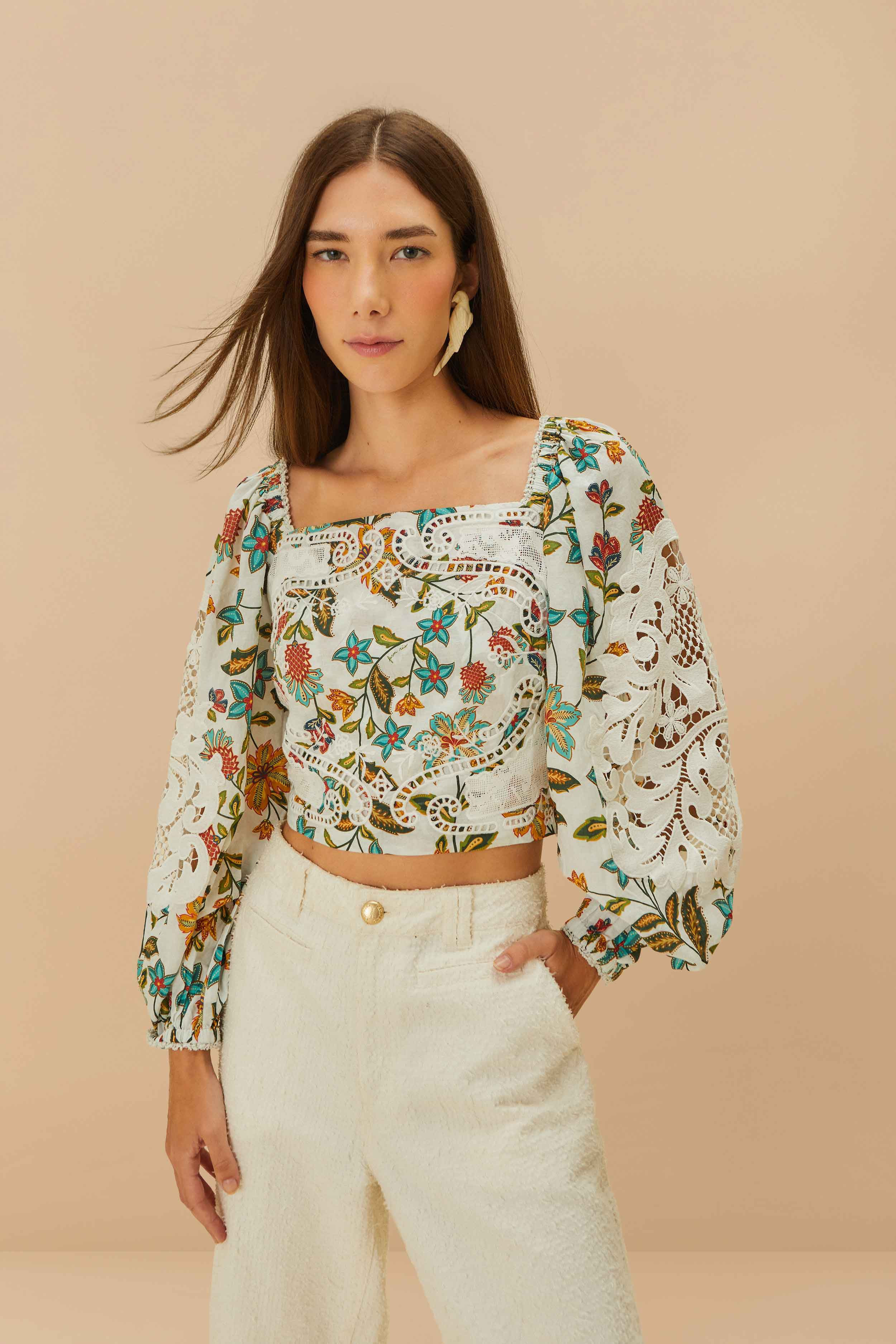 Off-White Botanicals Lace Blouse, BOTANICALS OFF-WHITE / XL | FarmRio (US)