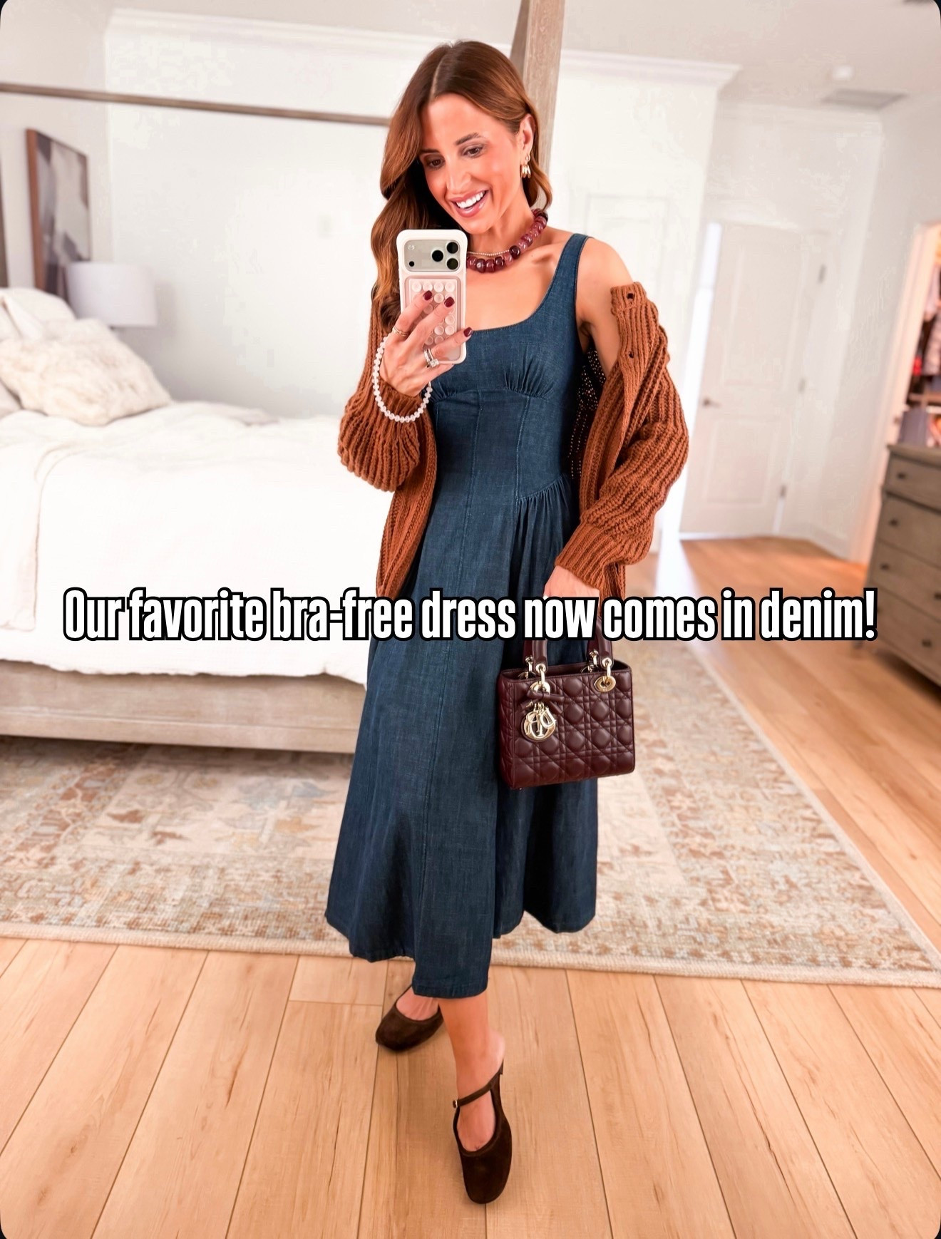 Thousands of you are NOT returning these items! I love this bra-free denim dress from @abercrombie! Wearing XXS petite with adjustable straps and pockets! Ballet mules are TTS. Wearing XS in cardigan. Fall outfit. Mom outfit. Everyday outfit. Elevated casual outfit. Fall style. Fall dress. 
#LTKootd #LTKTravel #LTKBeauty