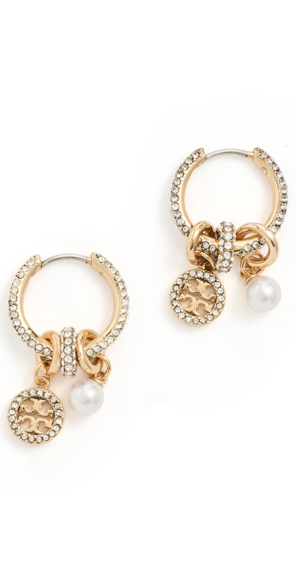 Tory Burch Miller Pave Charm Hoop Earrings Tory Gold/Crystal/Pearl One Size | Shopbop