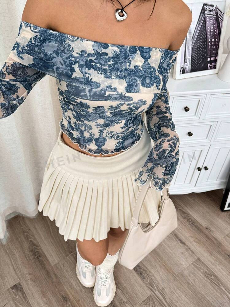 SHEIN EZwear Printed Knitted Off-Shoulder Mesh Blouse For Women | SHEIN