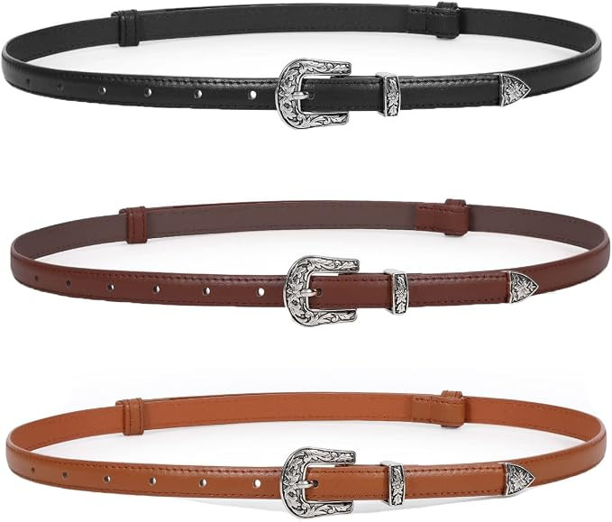 LEACOOLKEY Women Skinny Leather Belt for Dress Western Buckle Adjustable Thin Waist Belt for Jean... | Amazon (US)