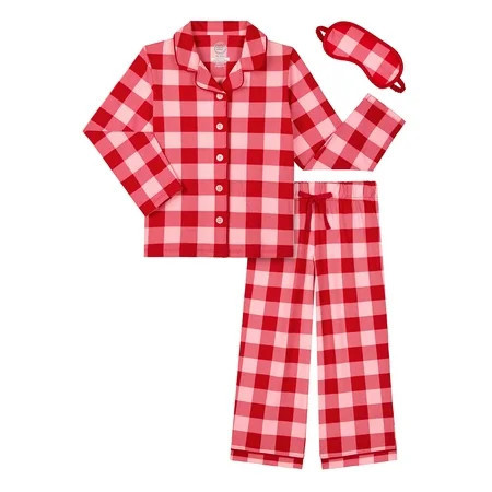 Wonder Nation Girls Long Sleeve Button Front Pajama Top and Pants Set with Eyemask, 3-Piece, Sizes 4-18 | Walmart (US)