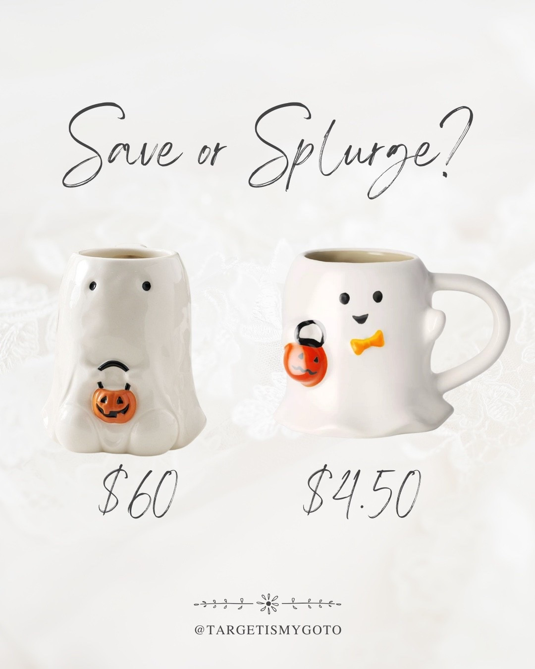 Save vs. Splurge 👻✨ Would you spend $60 for 4 ghost mugs at Pottery Barn… or snag them for just $4.50 each at Target? I know which one’s haunting my cart! 🎃☕ #SaveOrSplurge #TargetFinds #HalloweenMugs

#LTKSeasonal #LTKSaleAlert #LTKFindsUnder50