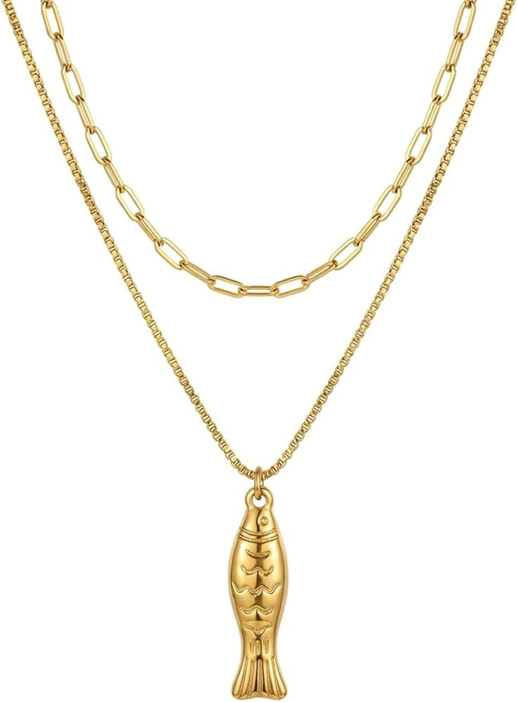 Fish Pendant Necklace for Women 18K Gold Plated Layered Dainty Bohemian Paperclip Box Chain Adjus... | Amazon (US)