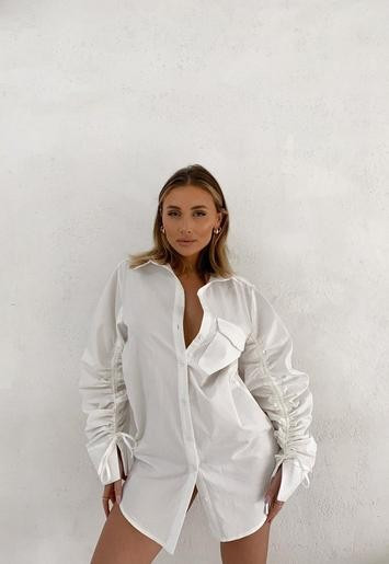 Missguided - White Ruched Sleeve Shirt Dress | Missguided (US & CA)