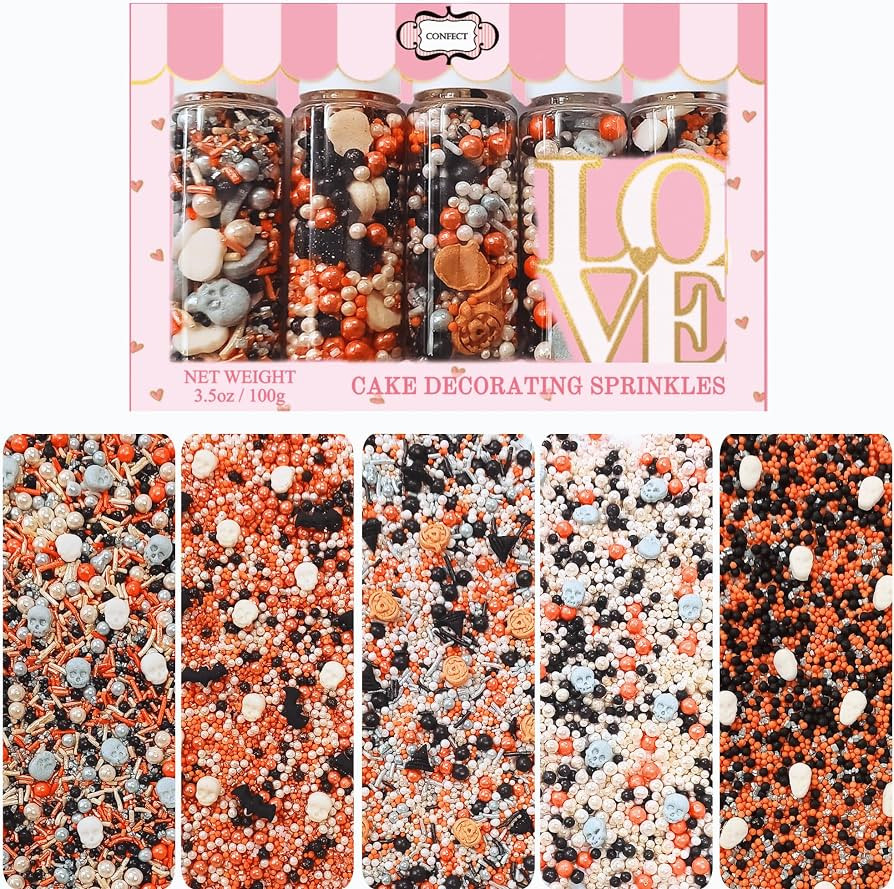 Confect Halloween Skull, Pumpkin & Bat Sprinkles Mix | Ghostly Black, Orange & White Pearls | Gra... | Amazon (US)