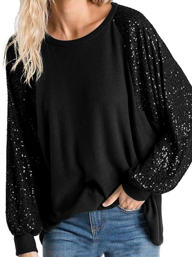 ALLTB Women's Sparkle Sequin Tops Sweatshirt Shimmer Glitter Long Sleeve Blouses Crewneck Loose F... | Amazon (US)