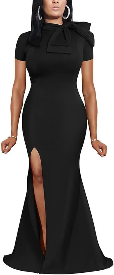 LAGSHIAN Women's Sexy Short Sleeve Long Formal Dress Bodycon High Split Bow Evening Gown | Amazon (US)