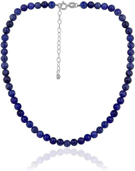 SEA OF ICE Precious Gemstone 6mm Round Beads Necklace 14" Plus 2" Extender with Sterling Silver S... | Amazon (US)