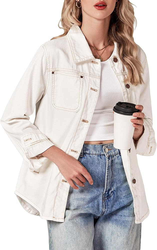luvamia Denim Jackets for Women Trendy Long Sleeve Button Down Shirt Jacket Jean Shacket with Poc... | Amazon (US)