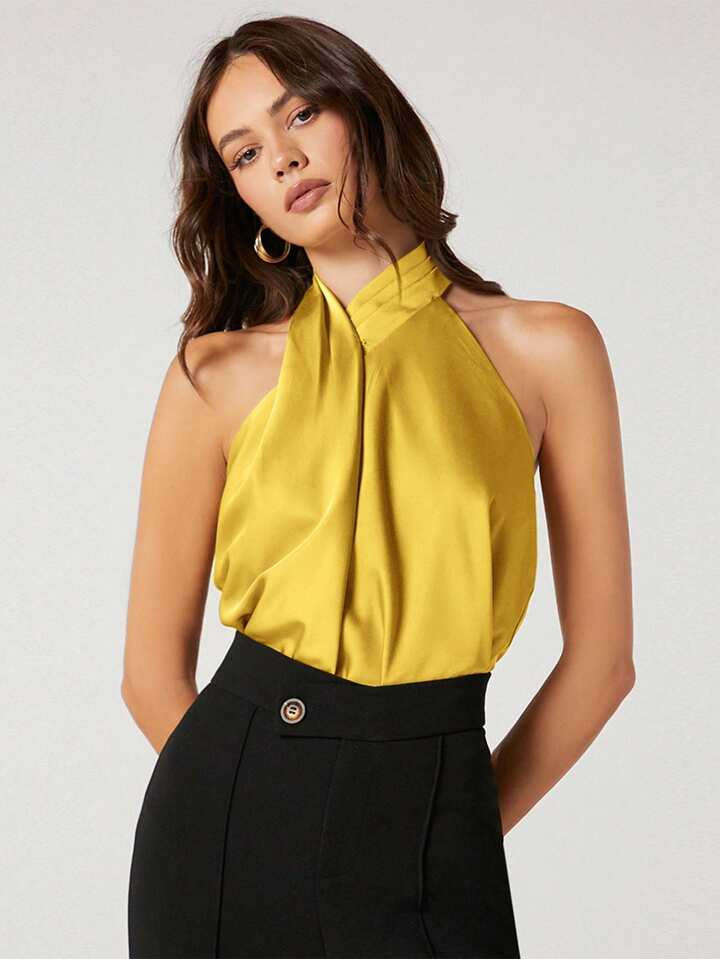 SHEIN BIZwear Women's Satin Stand Collar Sleeveless Blouse For Business Attire | SHEIN