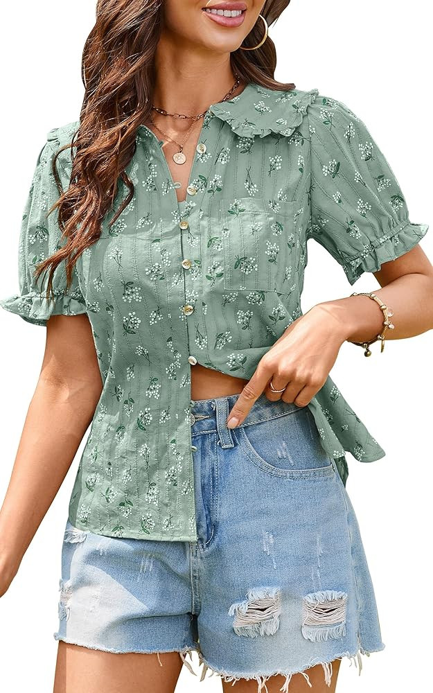 ECOWISH Women's Button Up Shirt - Peter Pan Collar Frilled Short Sleeve Summer Tops Casual Cotton... | Amazon (US)