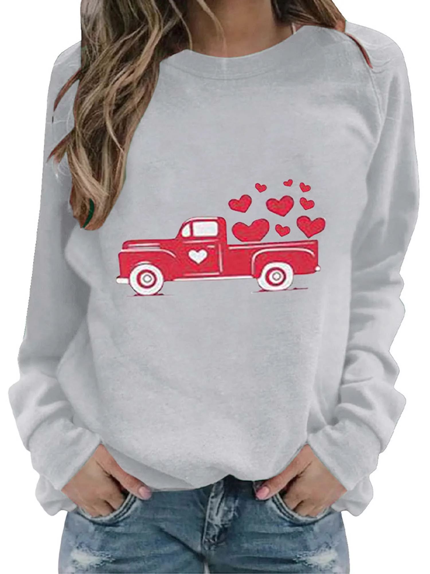 Womens Long Sleeve Pullover Valentine's Day Sweatshirt Casual Jumper Print Tops | Walmart (US)