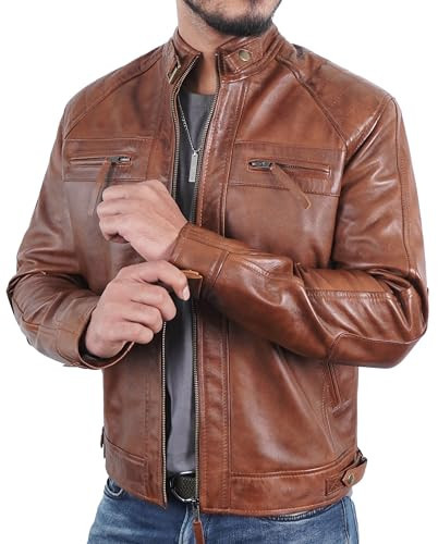 STOREJEES Brown Leather Jacket Men | Diamond Brown - L | Amazon (US)