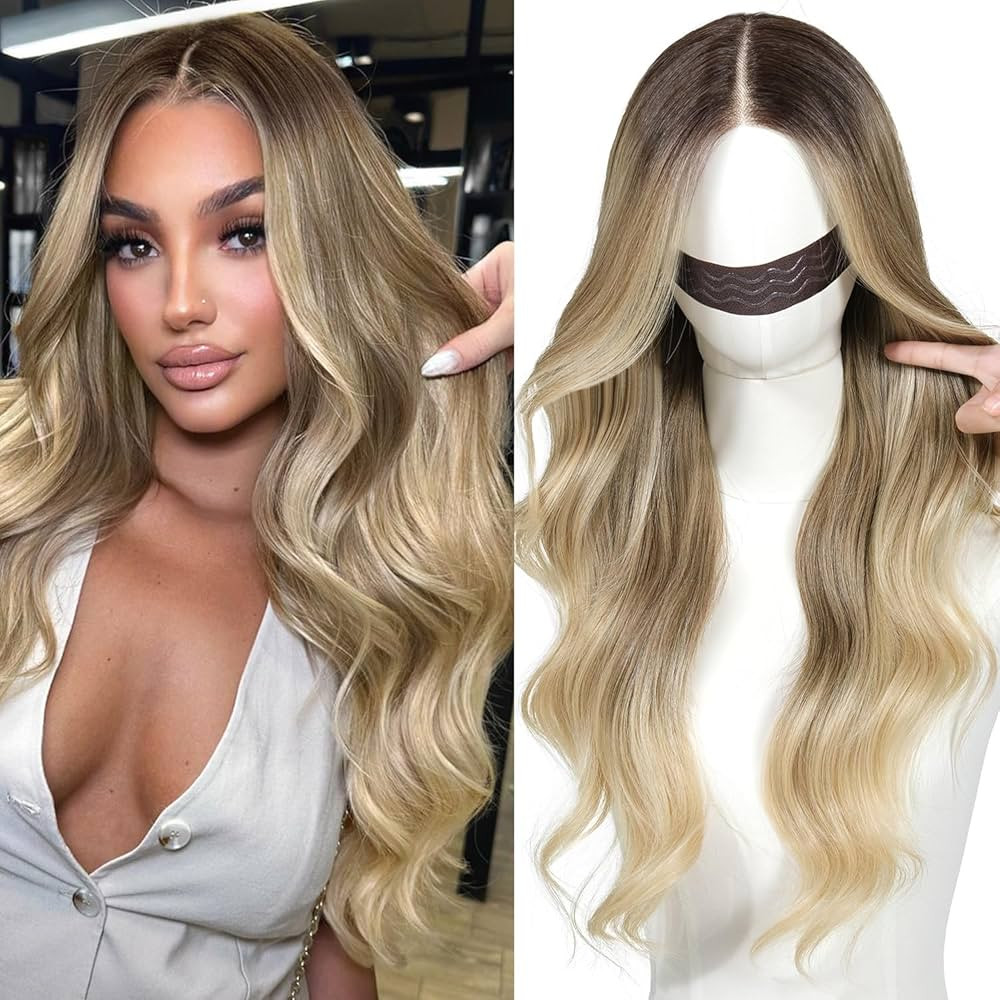 Ombre Blonde Wear and Go Glueless Wig with Bangs Pre Plucked Body Wave Synthetic Lace Front Wigs ... | Amazon (US)