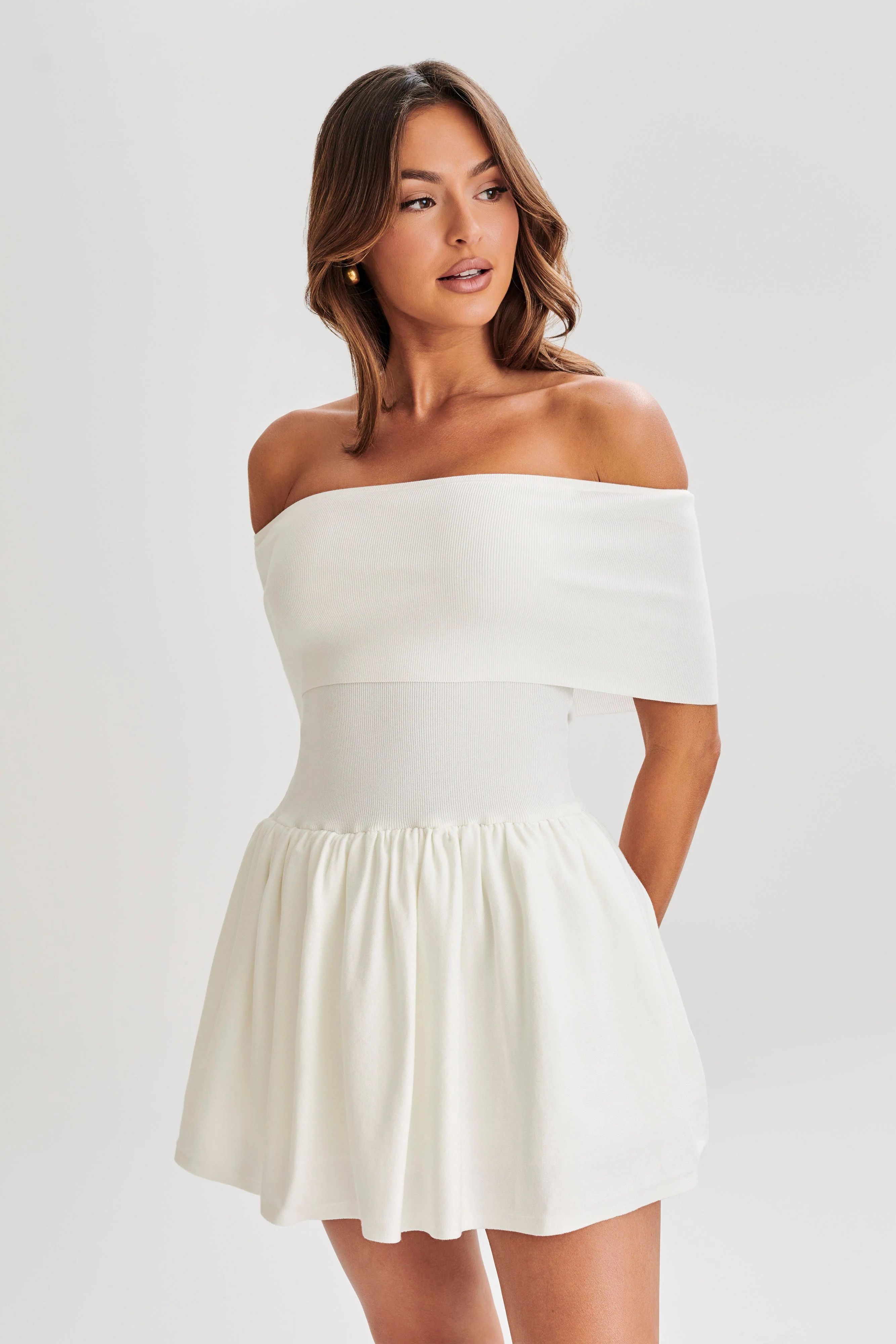 Lydia Off Shoulder Knit Mini Dress - White | MESHKI US