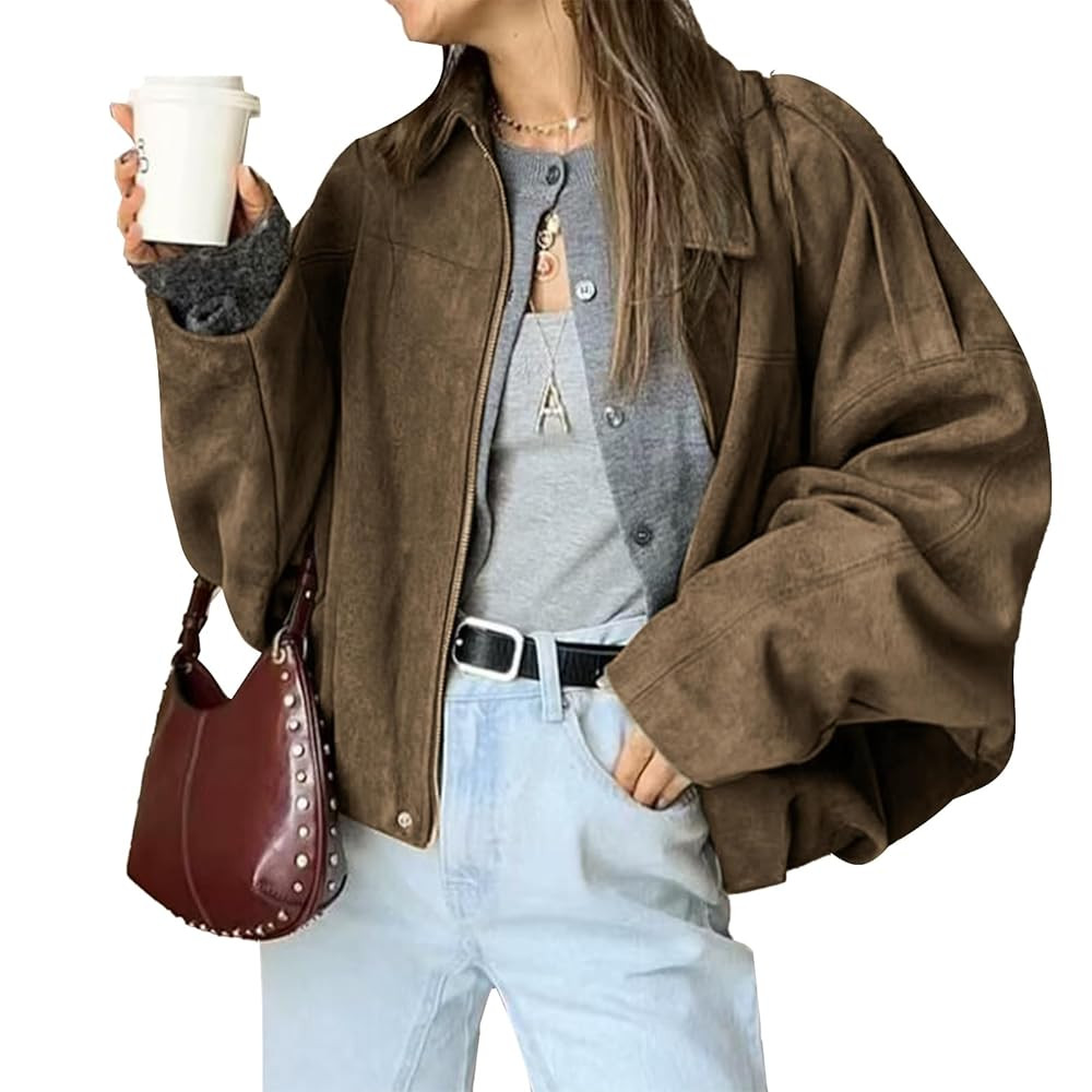 HOTIAN Women's Faux Suede Bomber Jacket Zipper Pilot Coat Casual Lapel Oversized Long Sleeves Y2K... | Amazon (US)