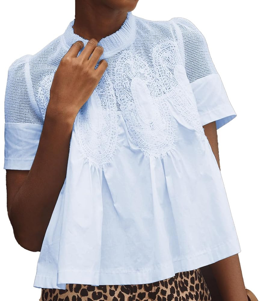 VAOYIU Women Lace-Detail Flared Blouse Short-Sleeve Crew Neck Lace Poplin Mesh Swing Top Elegant ... | Amazon (US)