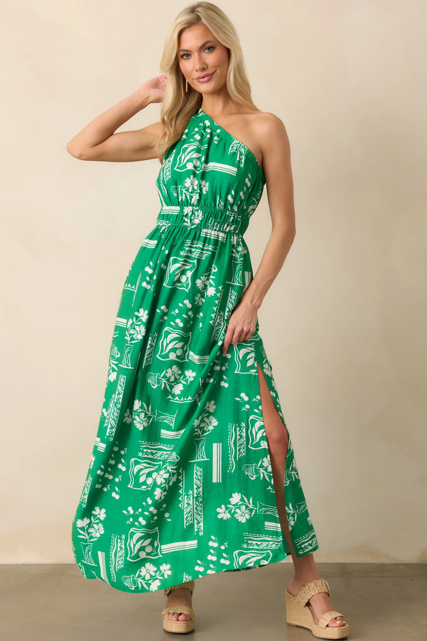 Anything Goes Green One Shoulder Geometric Floral Print Maxi Dress | Red Dress