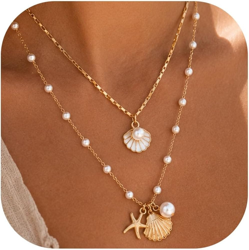 Gold Starfish Shell Necklace for Women Boho Layered Conch Sea Shell Starfish Seashell Turtle Pend... | Amazon (US)