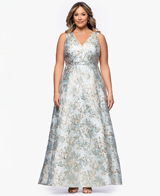 Plus Size V-Neck Glitter Brocade Long Ball Gown | Macy's